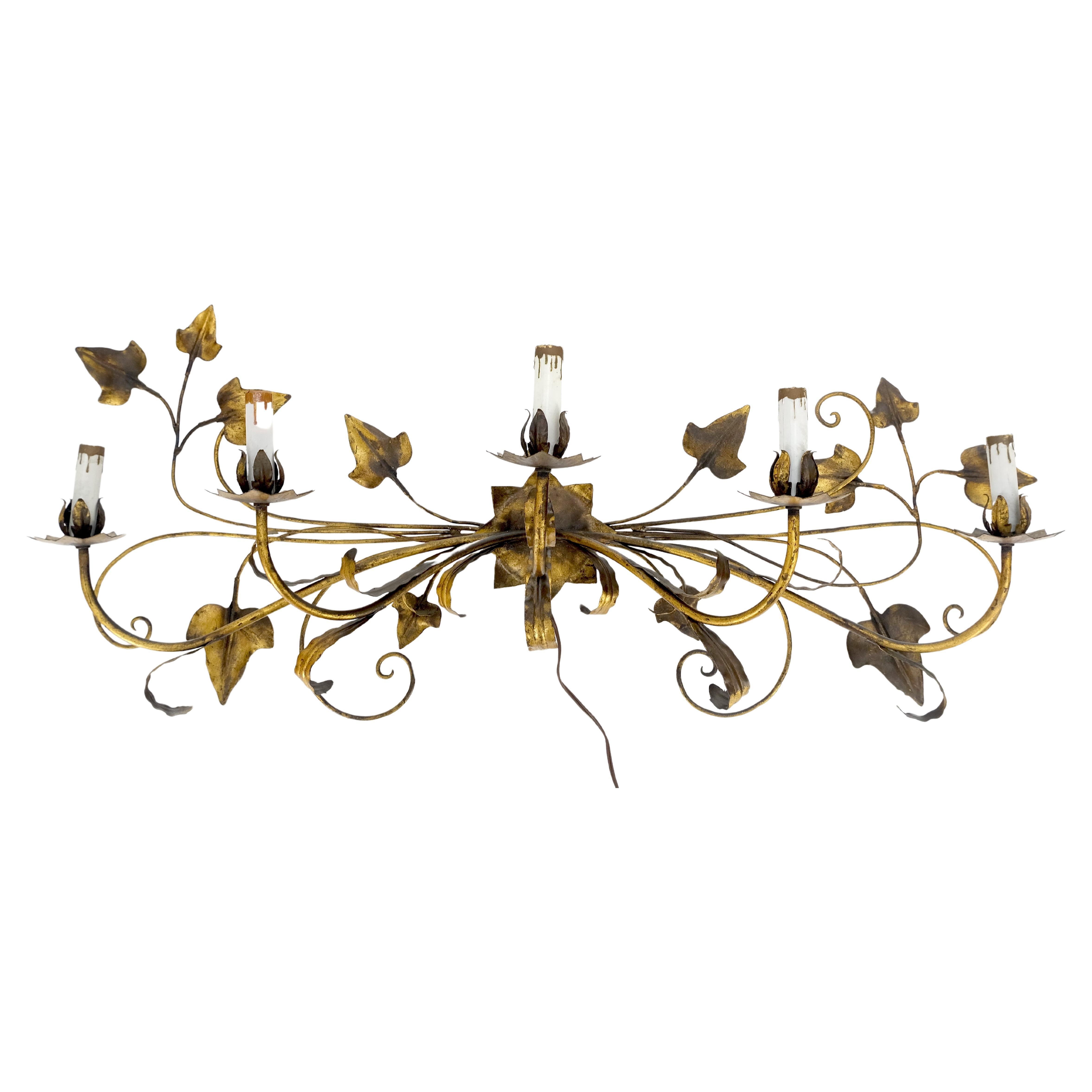 Gilt Metal Grape Leaf 5 Candles Style Decorative Sconce Wall Light Fixture Italy For Sale