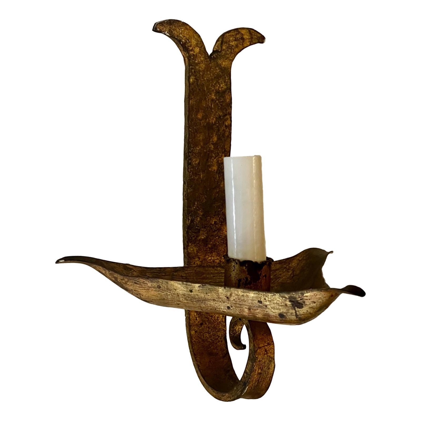 Spanish Gilt Metal Hammered Iron Sconces For Sale
