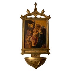 Gilt Metal Holy Water Font Painting Madonna and Baby Jesus