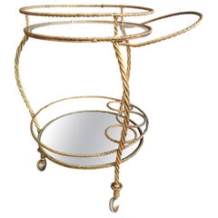 Gilt Metal Italian Bar Cart with Rope Motif, Mirror Bottom Shelf, Glass Top