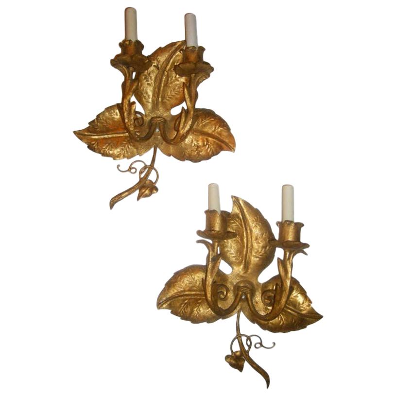 Gilt Metal Leaf-Shaped Sconces For Sale