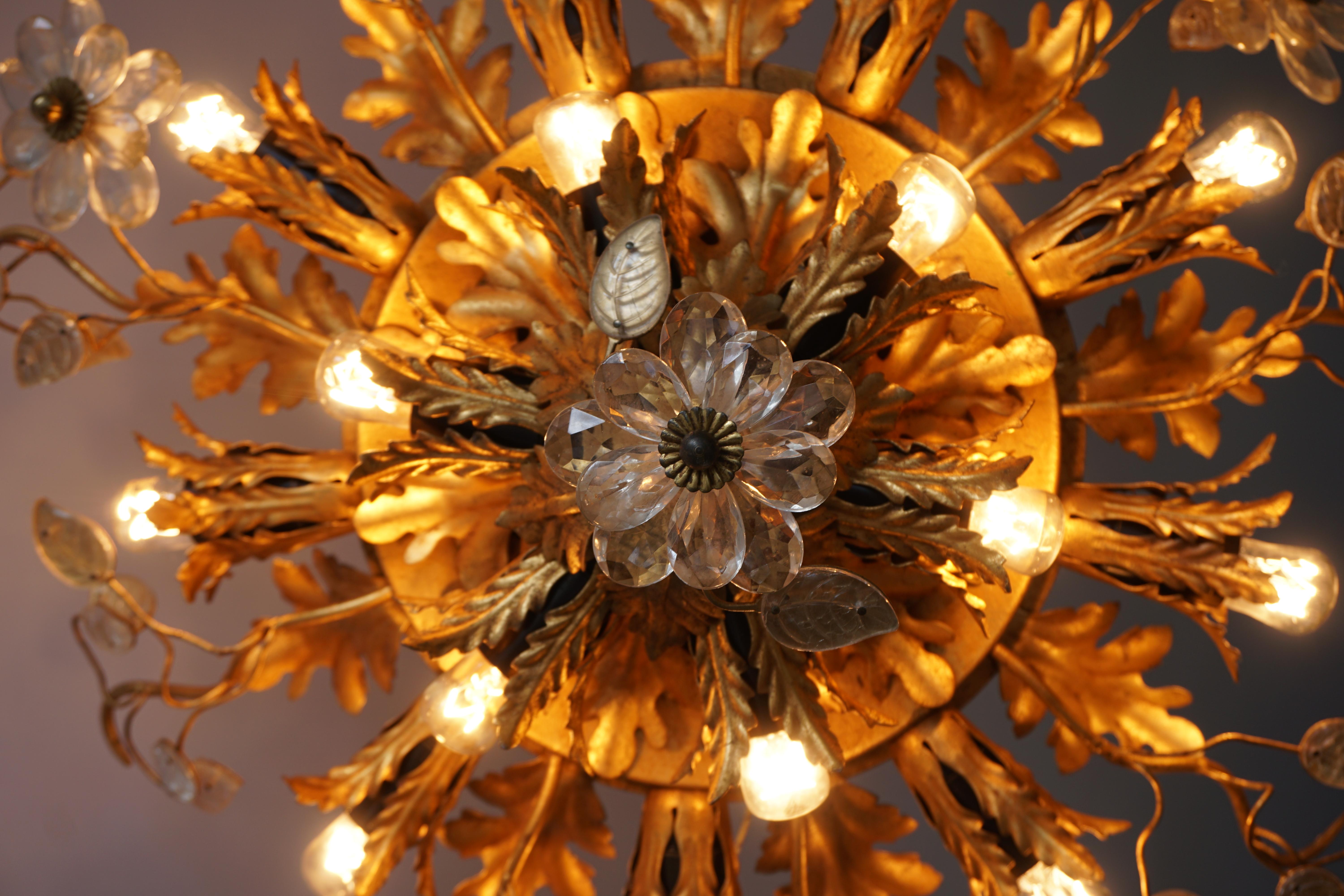 Gilt Metal Leaf Sunburst Flush Mount Lamp with Glass Flowers, Italy, 1960s For Sale 6