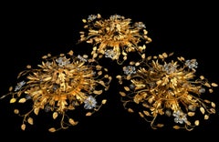 Banci Firenze Gilt Metal Flush Mount with Crystal Flowers and Glass Leaves