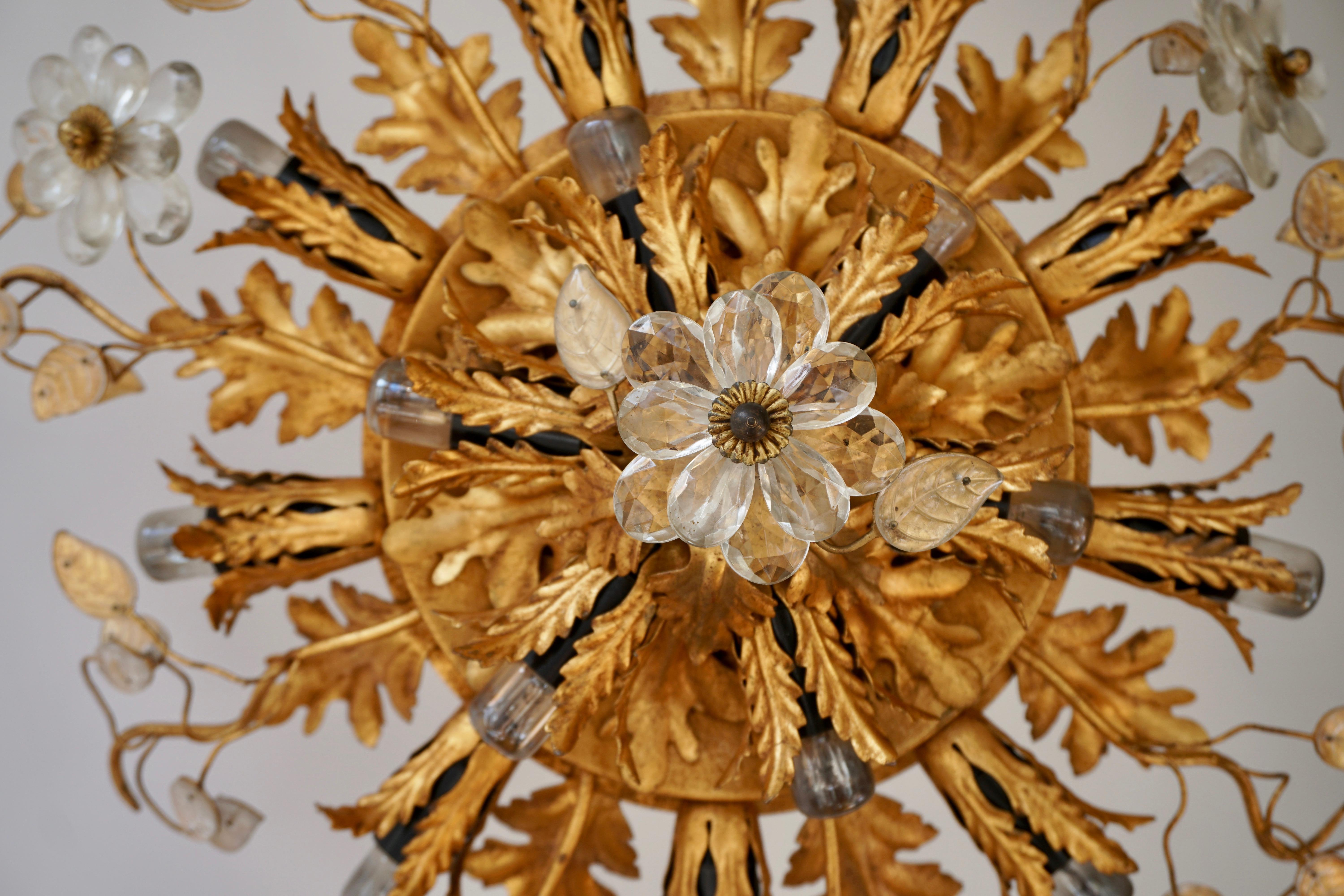 Gilt Metal Leaf Sunburst Flush Mount Lamp with Glass Flowers, Italy, 1960s In Good Condition For Sale In Antwerp, BE