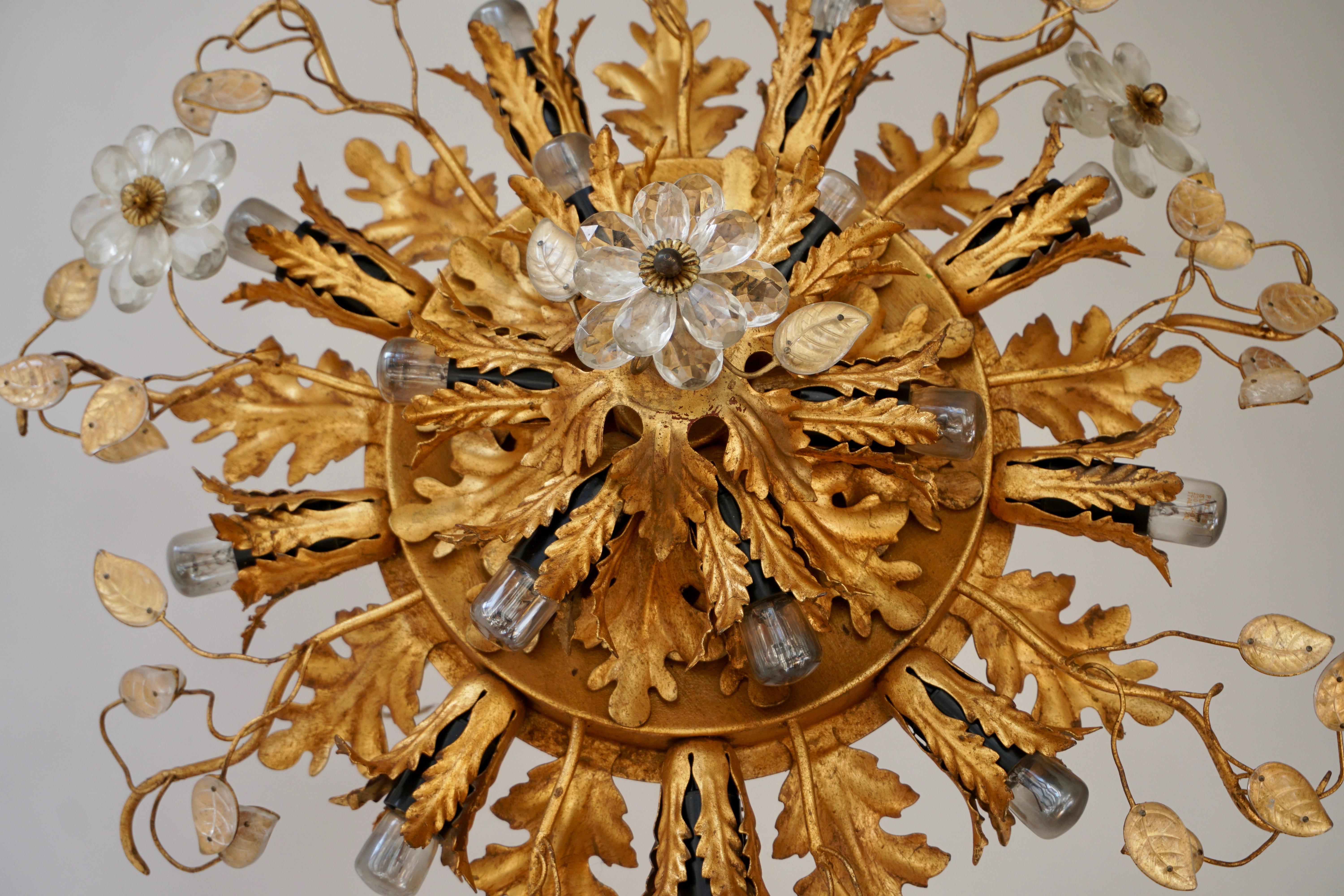 Gilt Metal Leaf Sunburst Flush Mount Lamp with Glass Flowers, Italy, 1960s For Sale 1