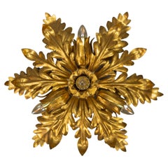 Gilt Metal Leafed Sunburst-Shaped Four-Light Flush Mount or Wall Lamp, 1970s