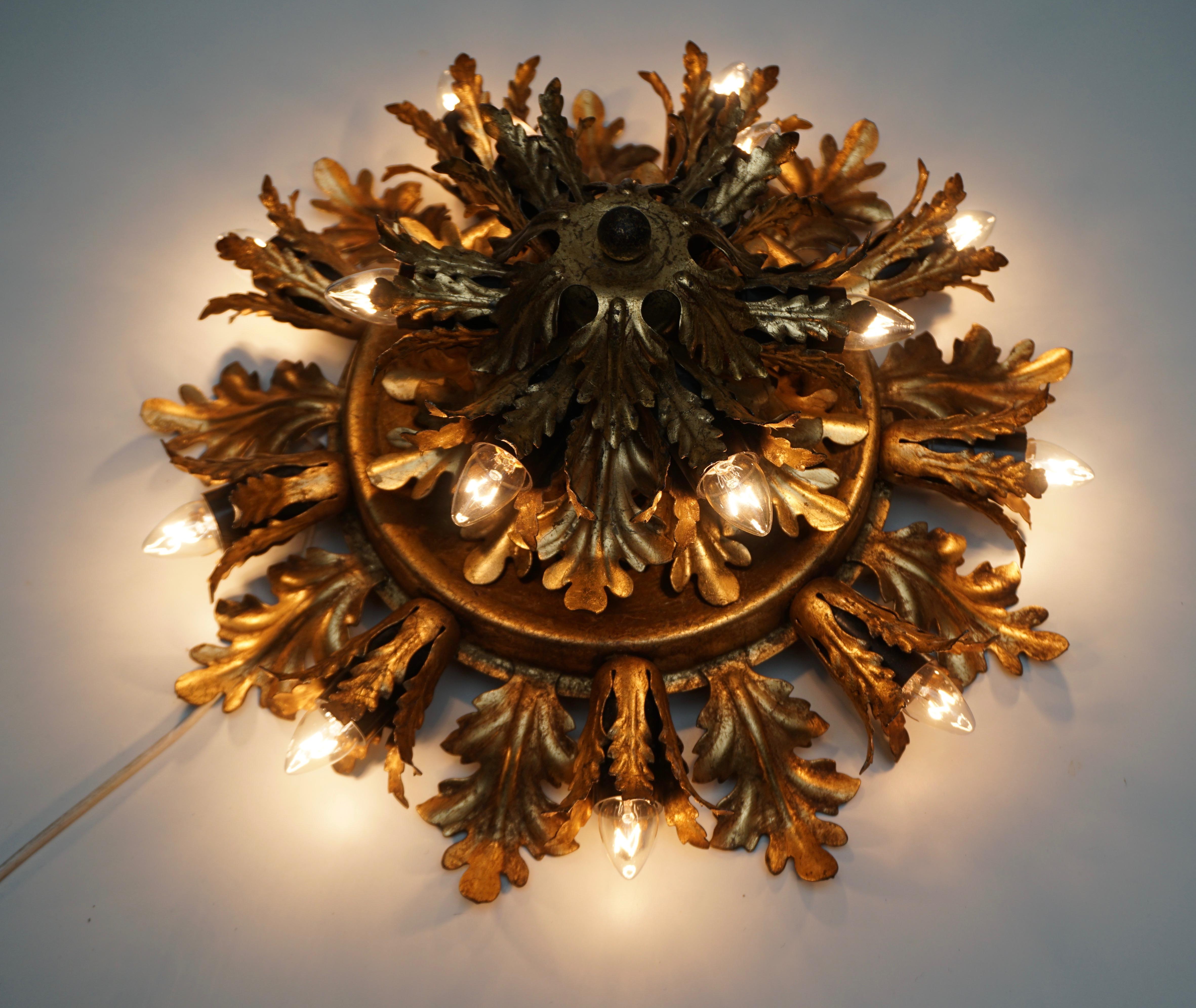 Gilt Metal Leafed Sunburst Flush Mount Lamp, Italy, 1960s In Good Condition For Sale In Antwerp, BE