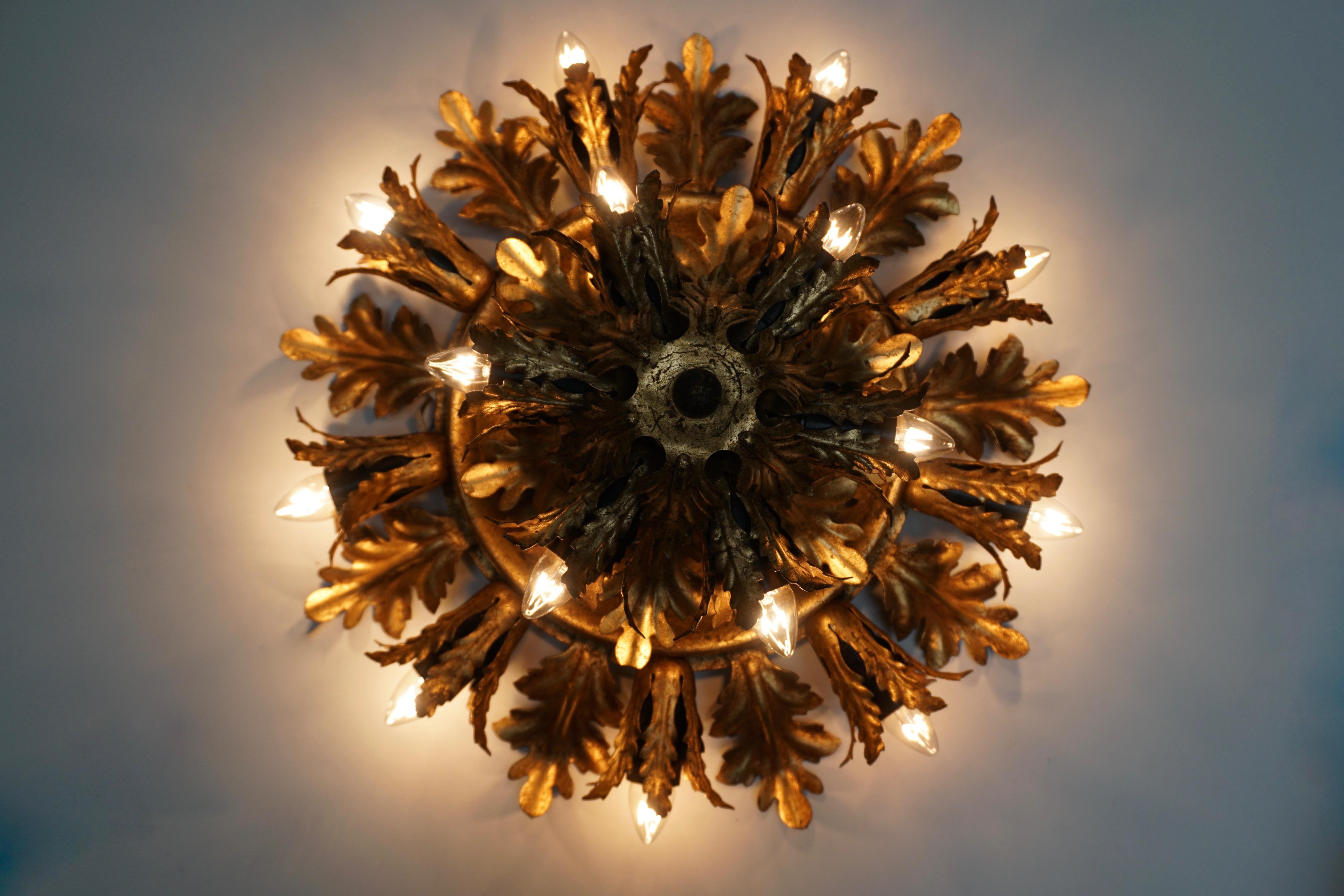 20th Century Gilt Metal Leafed Sunburst Flush Mount Lamp, Italy, 1960s For Sale