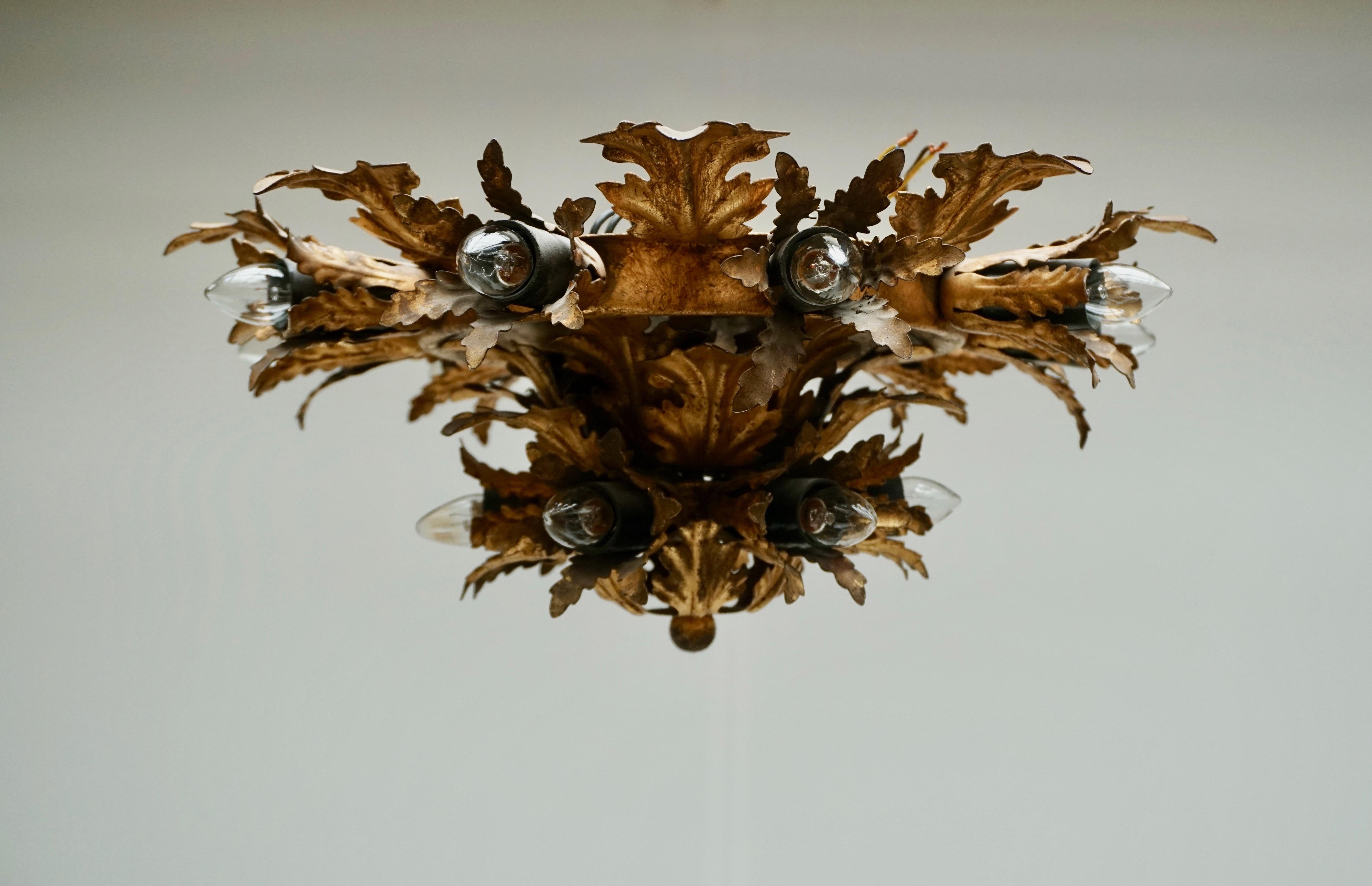 Gilt Metal Leafed Sunburst Flush Mount Lamp, Italy, 1960s For Sale 1