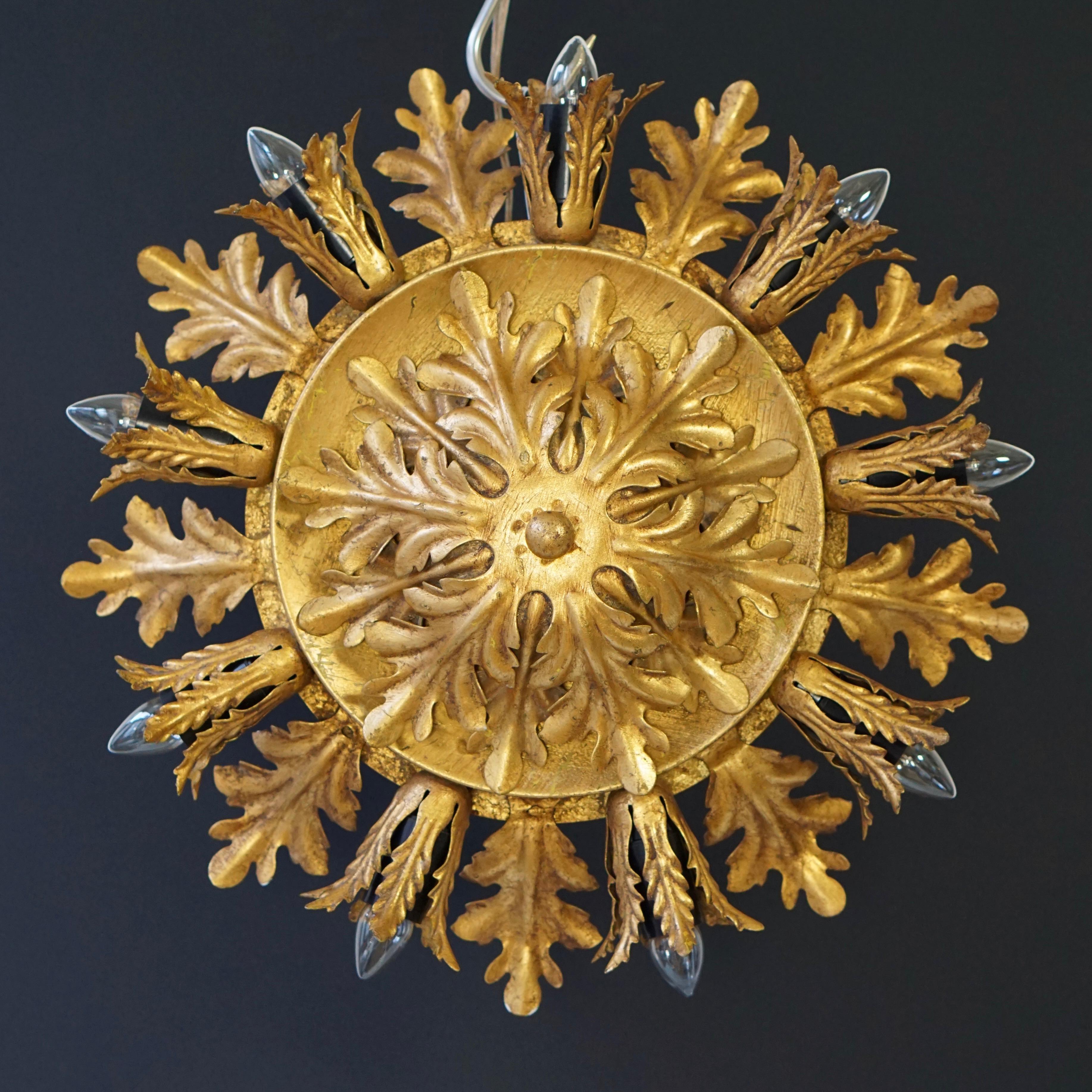 Hollywood Regency Gilt Metal Leafed Sunburst Flush Mount Lamp, Italy, 1960s