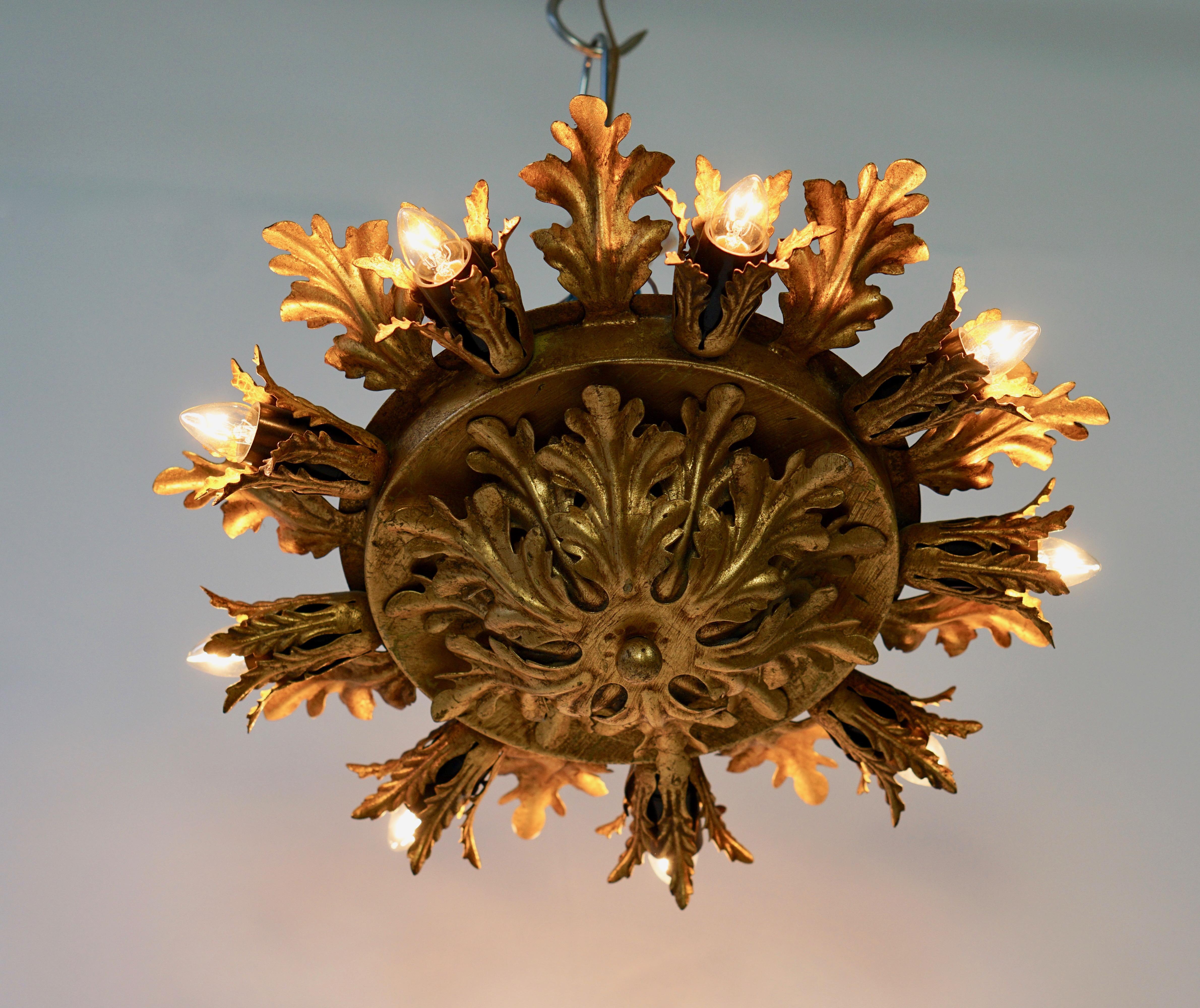 Gilt Metal Leafed Sunburst Flush Mount Lamp, Italy, 1960s In Good Condition In Antwerp, BE