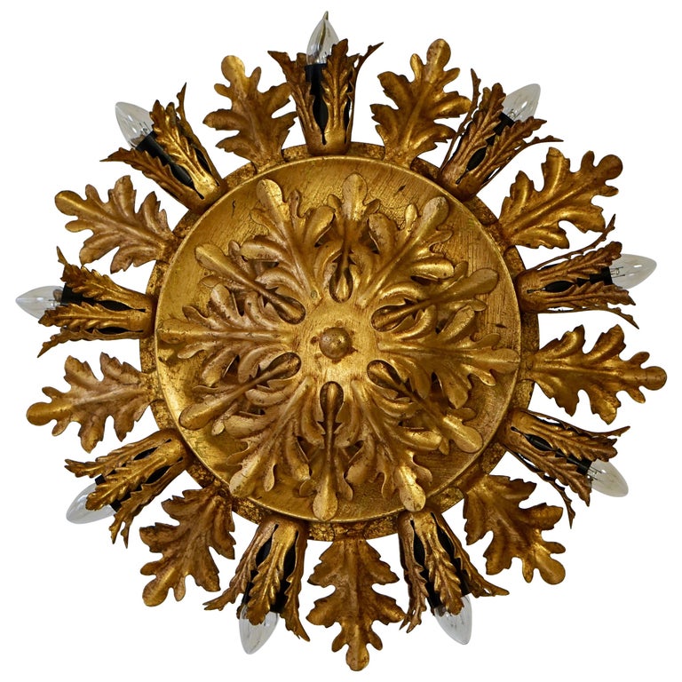 Gilt Metal Leafed Sunburst Wall Or Ceiling Light Fixtures Italy Gilt Metal Leafed Sunburst Wall Or Ceiling Light Fixtures Italy 1960s For