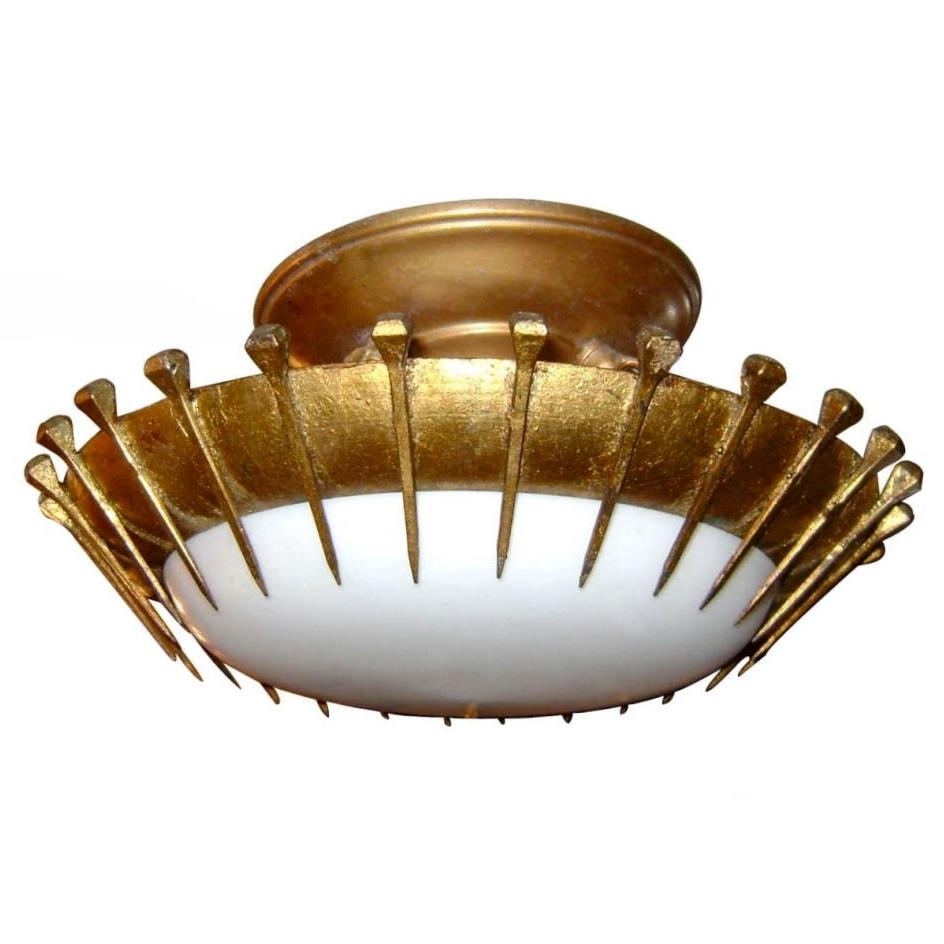 Gilt Metal Light Fixture with Milk Glass For Sale