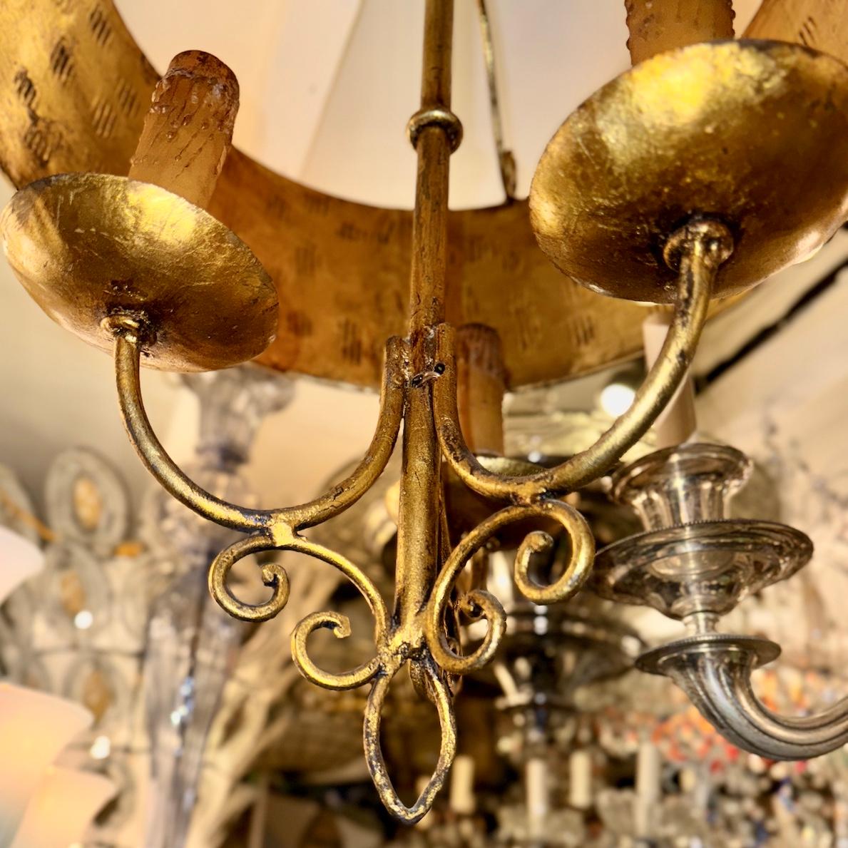 Mid-20th Century Gilt Metal Light Fixture with Shade For Sale