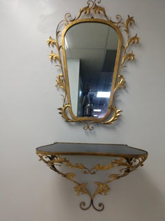 Hollywood Regency Gilt Metal Mirror & Wall Mount Glass Console Table, Italy