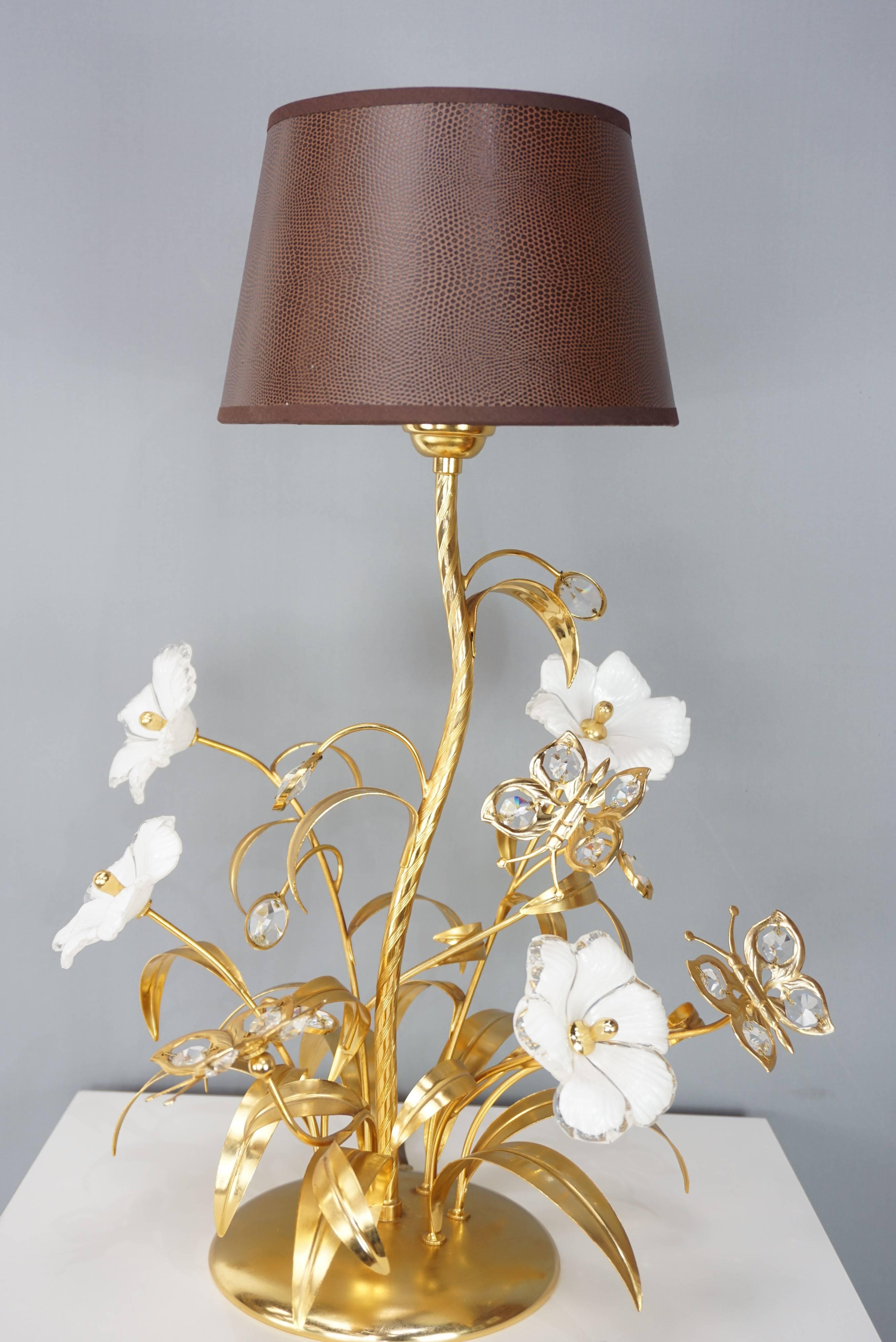 Gilt Metal Murano Glass Flowers and Crystal Butterflies Lamp 1