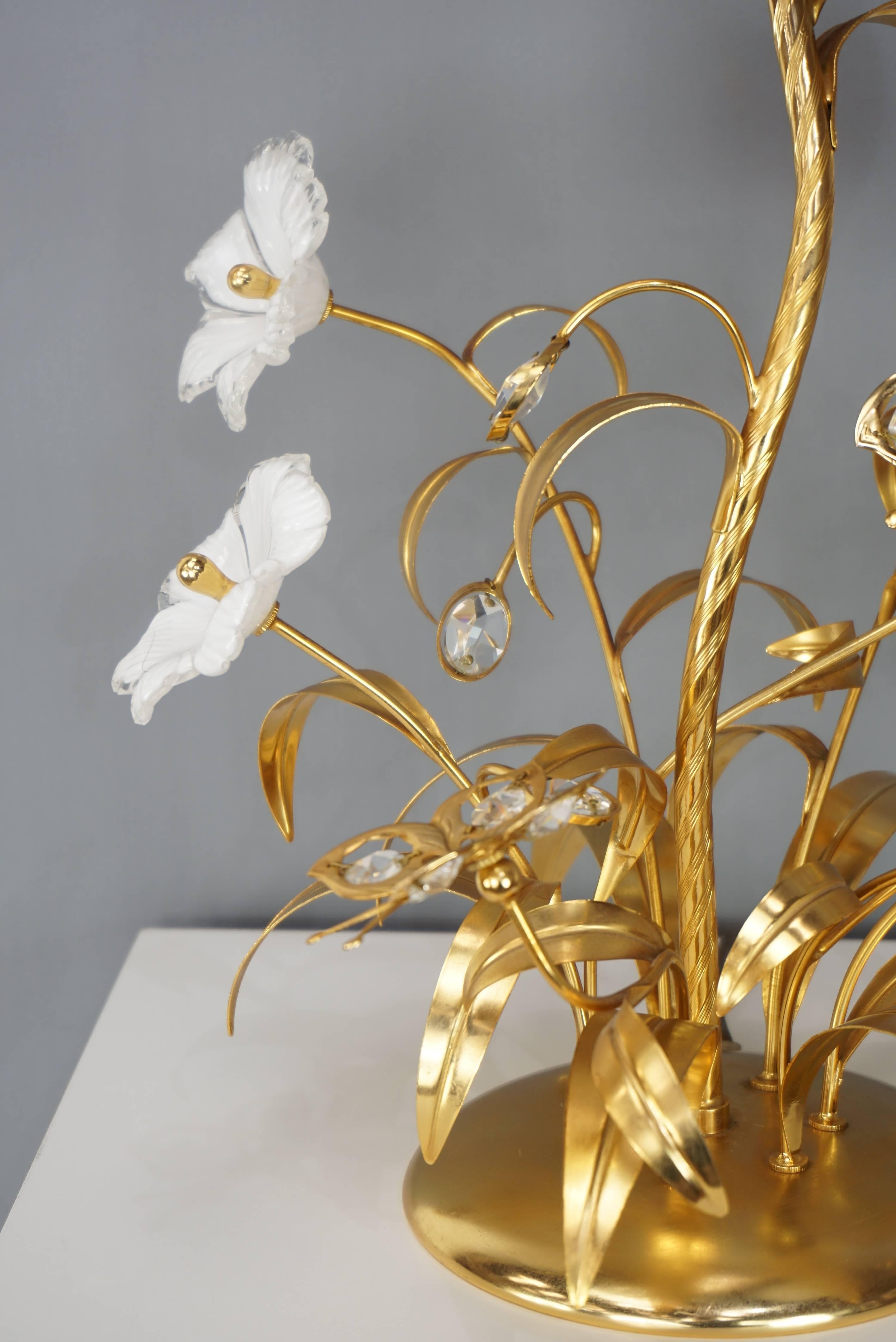 Gilt Metal Murano Glass Flowers and Crystal Butterflies Lamp 2