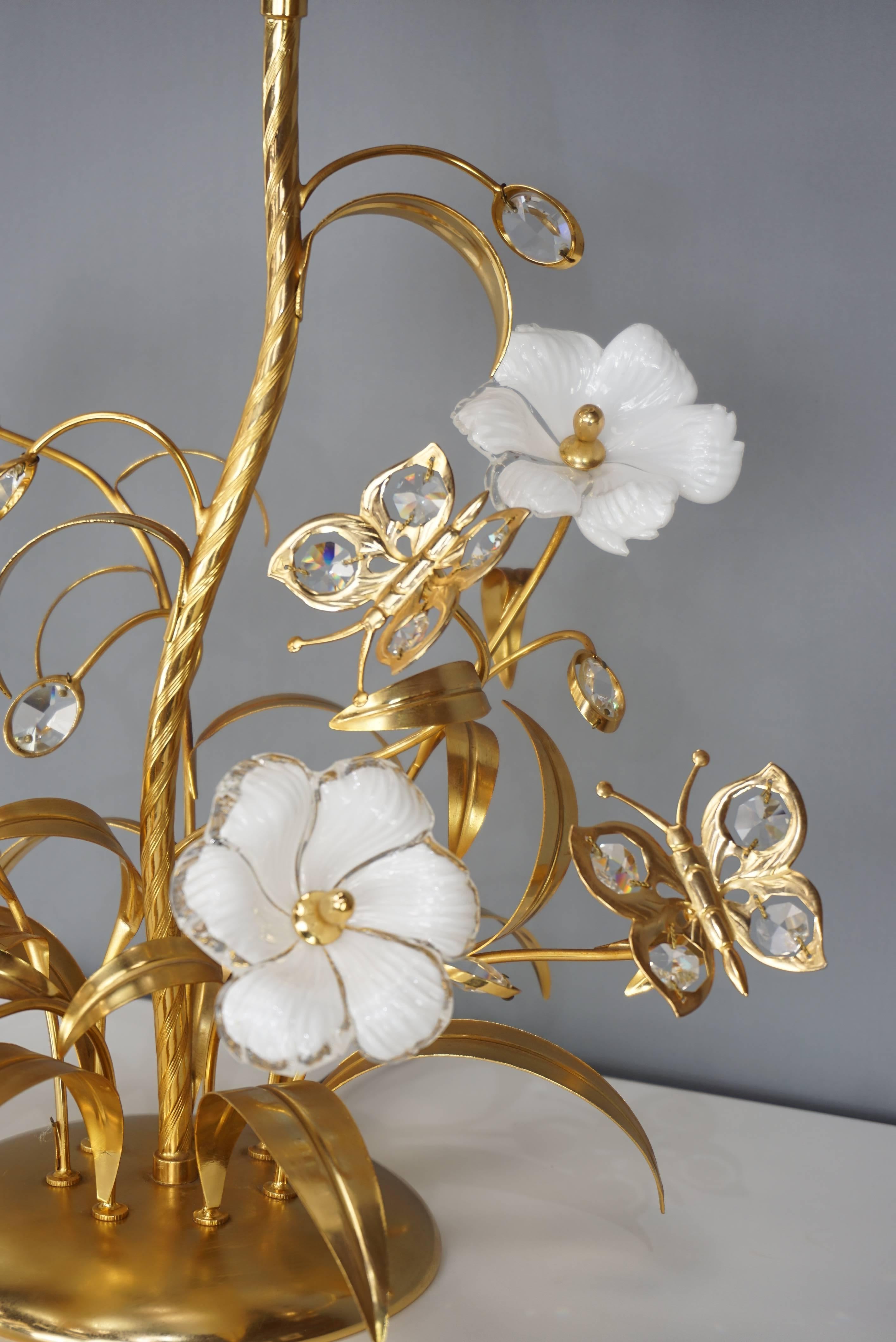 Gilt Metal Murano Glass Flowers and Crystal Butterflies Lamp 3