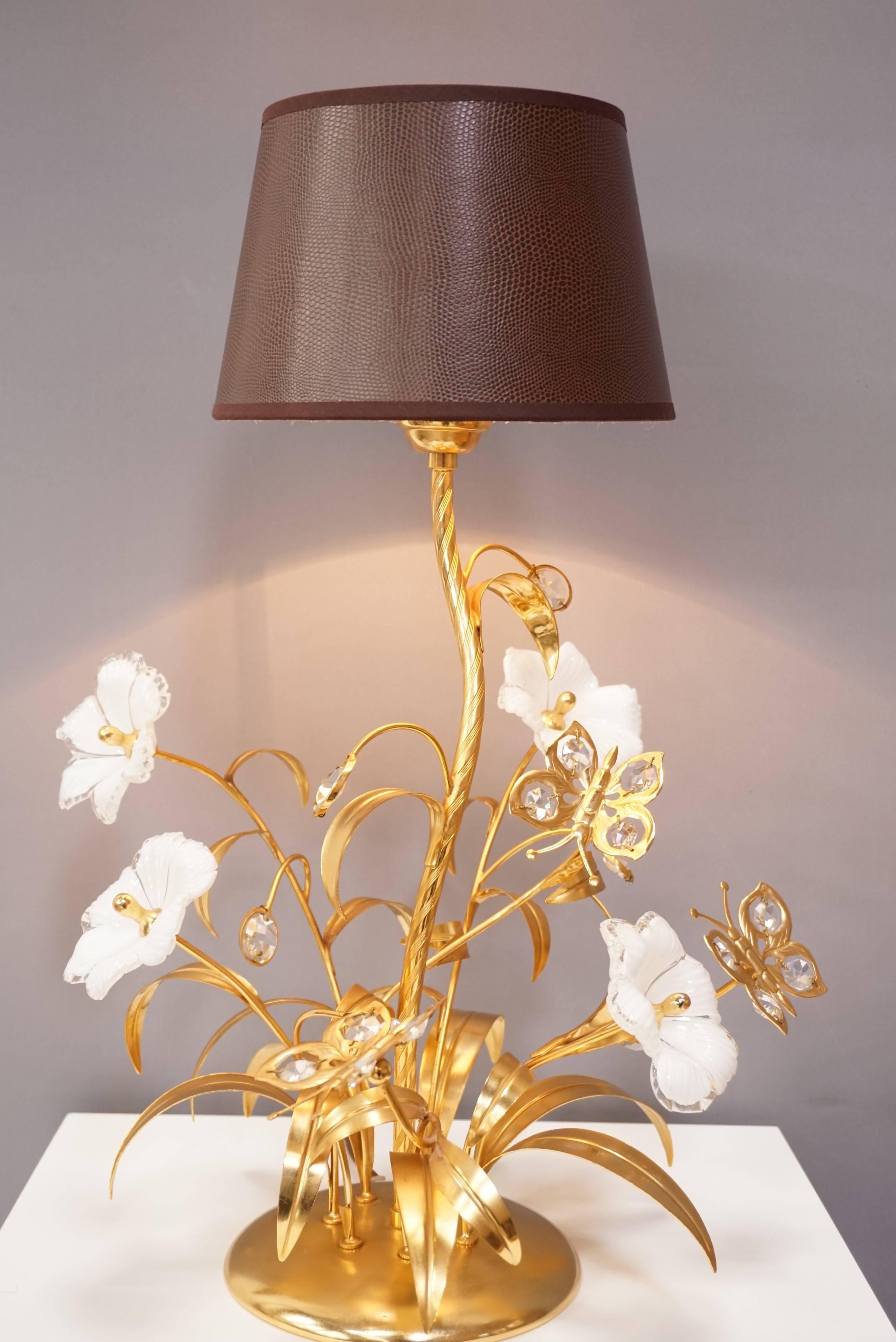 Gilt Metal Murano Glass Flowers and Crystal Butterflies Lamp 10