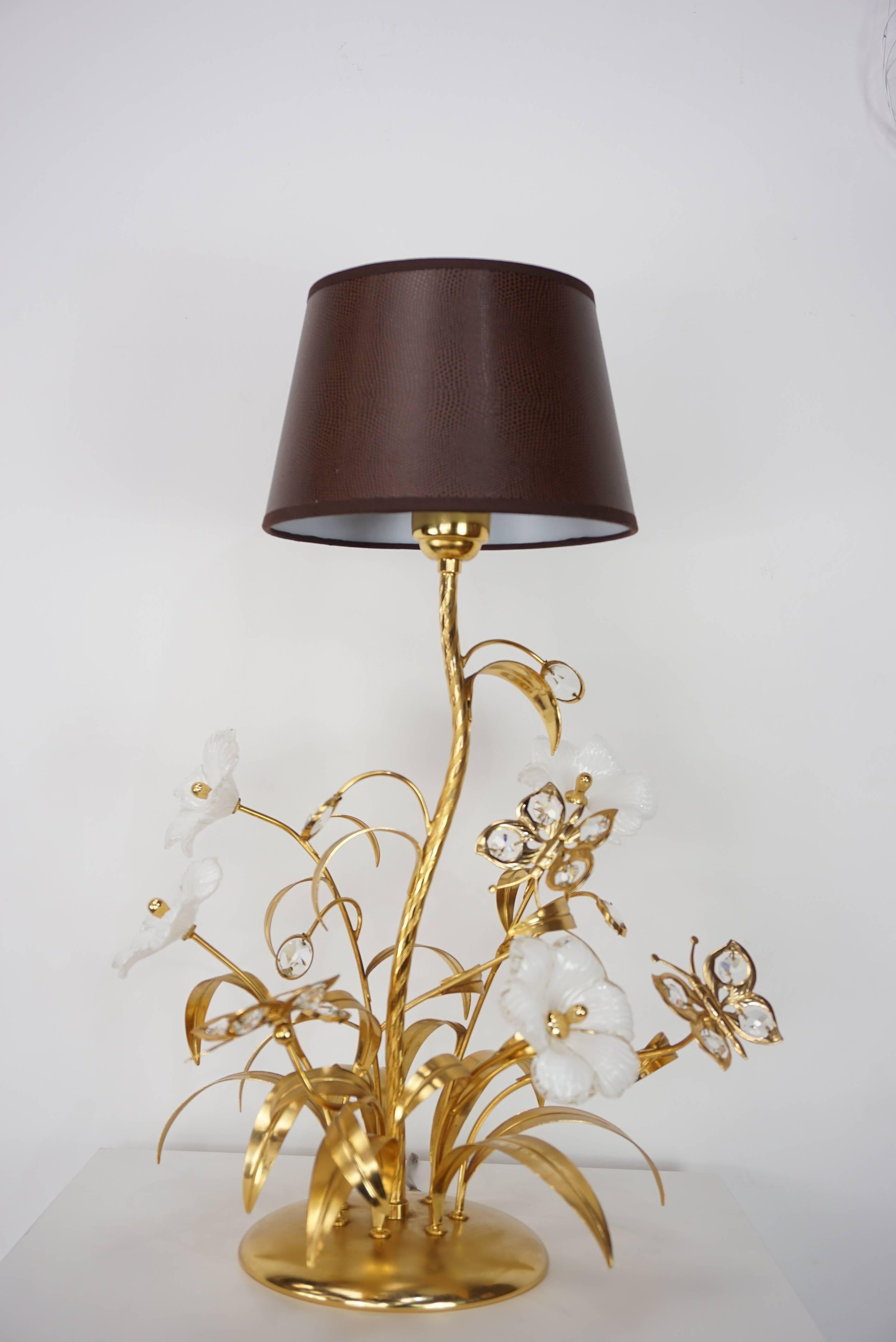 Gilt Metal Murano Glass Flowers and Crystal Butterflies Lamp 11