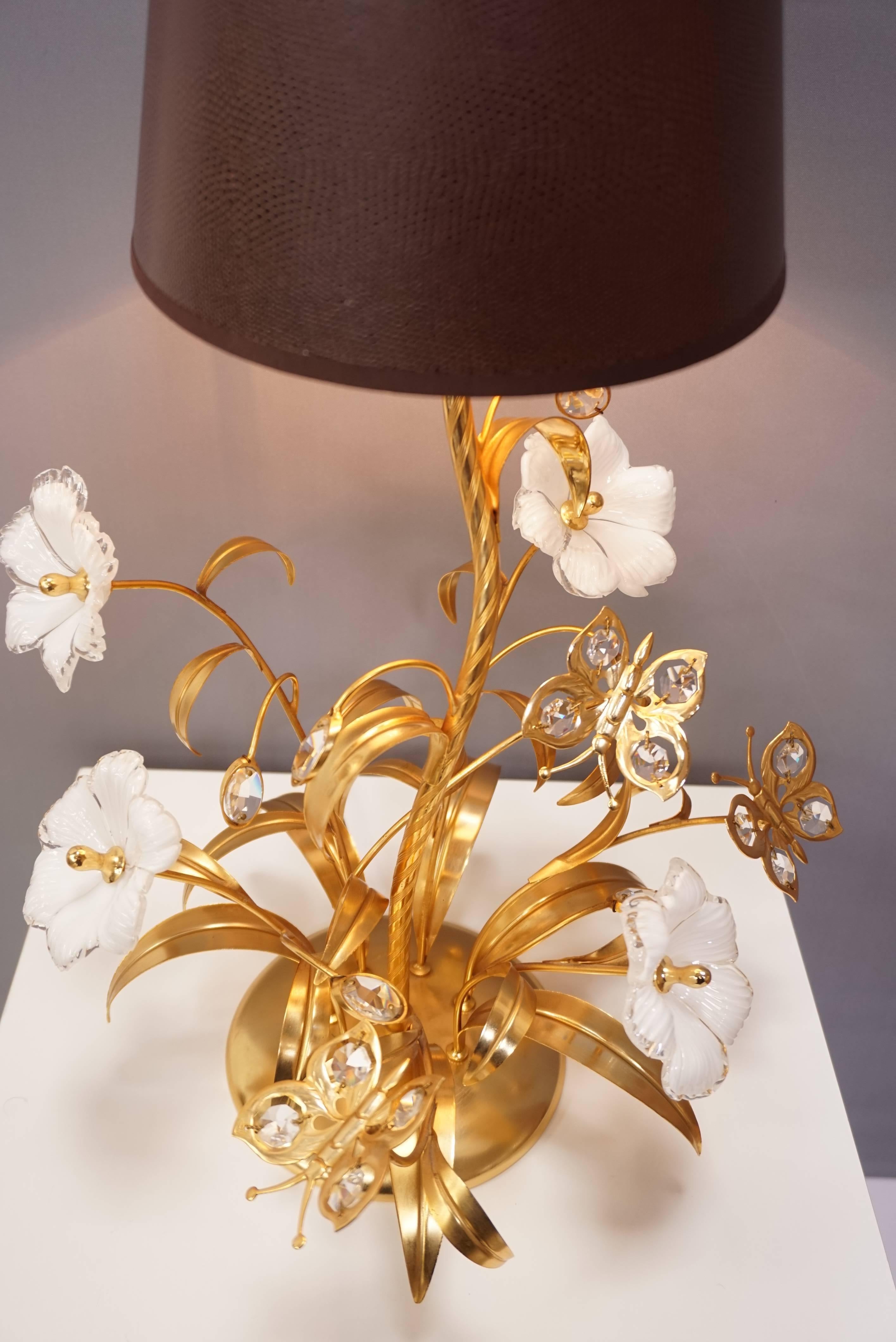 Hollywood Regency Gilt Metal Murano Glass Flowers and Crystal Butterflies Lamp