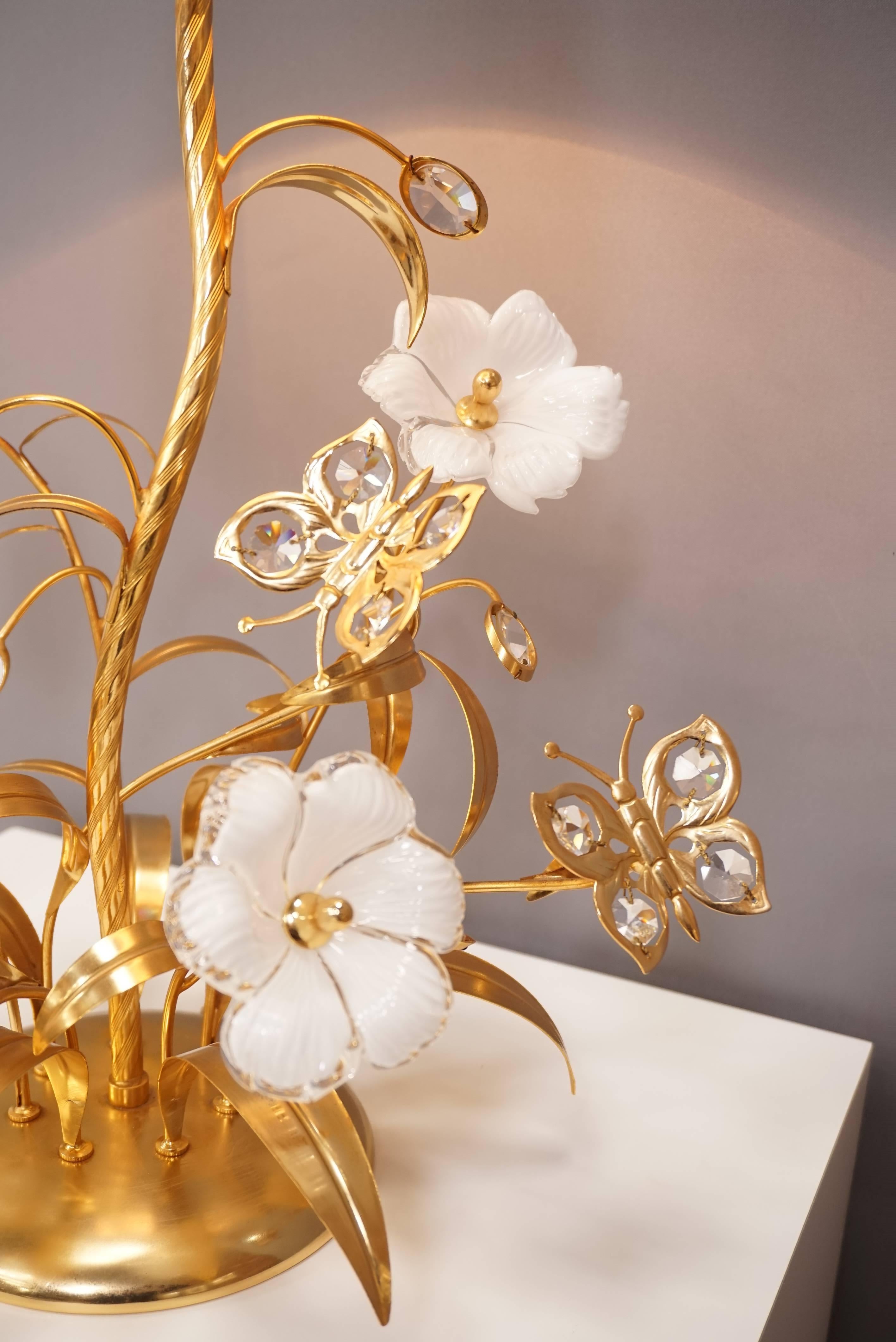 European Gilt Metal Murano Glass Flowers and Crystal Butterflies Lamp