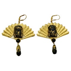 Retro Gilt Metal Ornate Black Glass Face Fan Leverback Earrings with Black Glass Drop