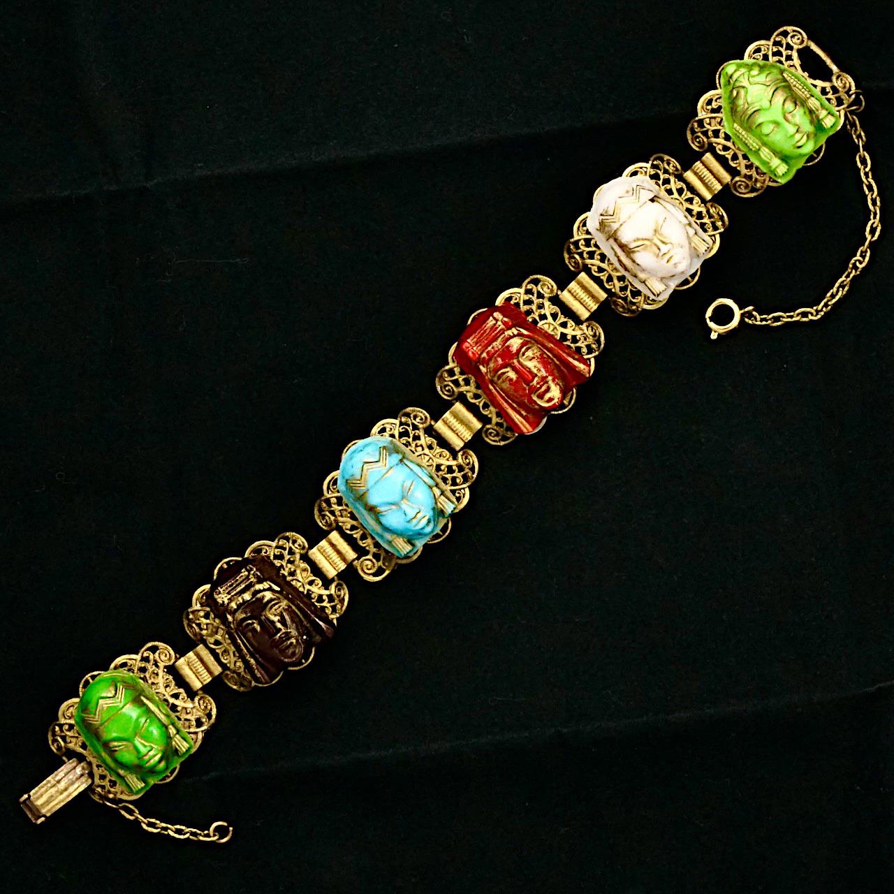 Gilt Metal Ornate Coloured Glass Faces Bracelet with Safety Chain For Sale 6
