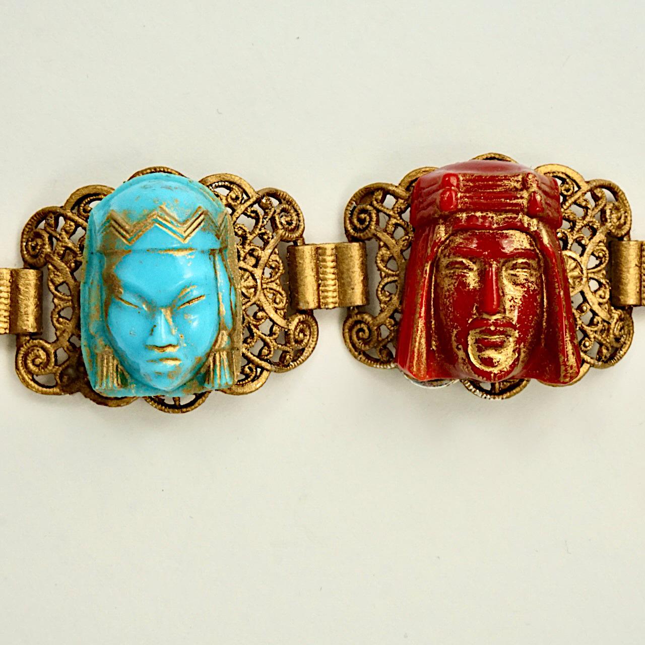 Gilt Metal Ornate Coloured Glass Faces Bracelet with Safety Chain In Good Condition For Sale In London, GB