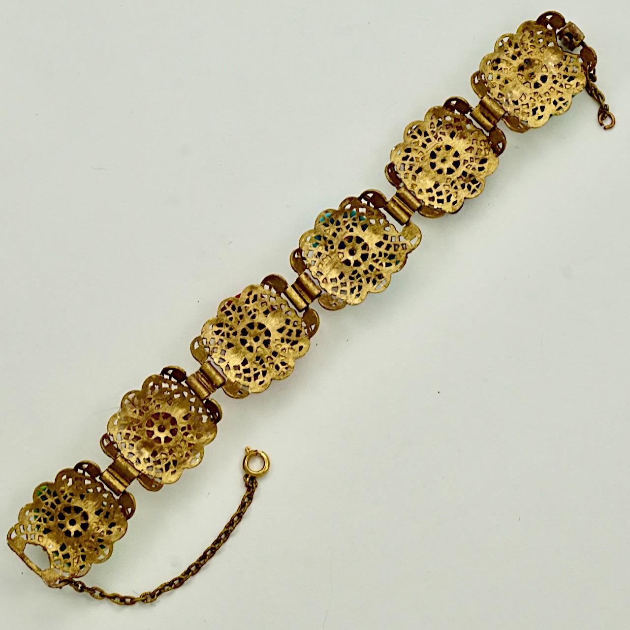 Gilt Metal Ornate Coloured Glass Faces Bracelet with Safety Chain For Sale 1