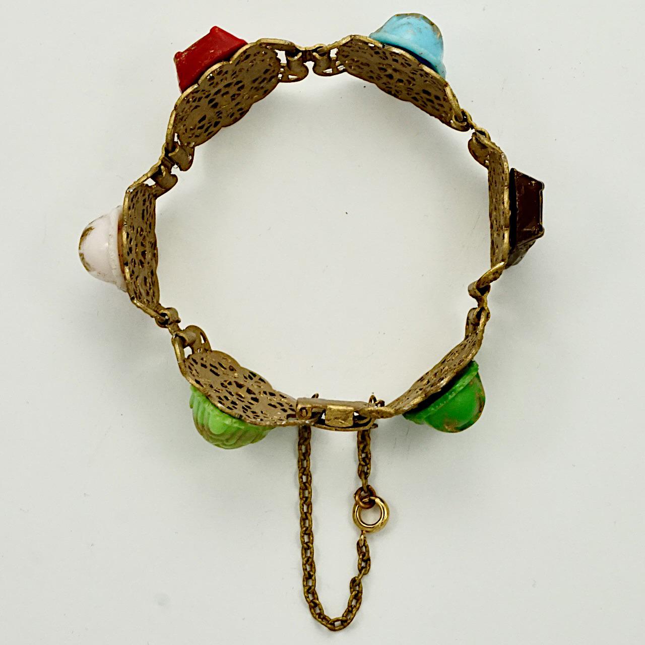 Gilt Metal Ornate Coloured Glass Faces Bracelet with Safety Chain For Sale 5
