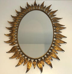 Gilt Metal Oval Sunburst Mirror, French, circa 1970