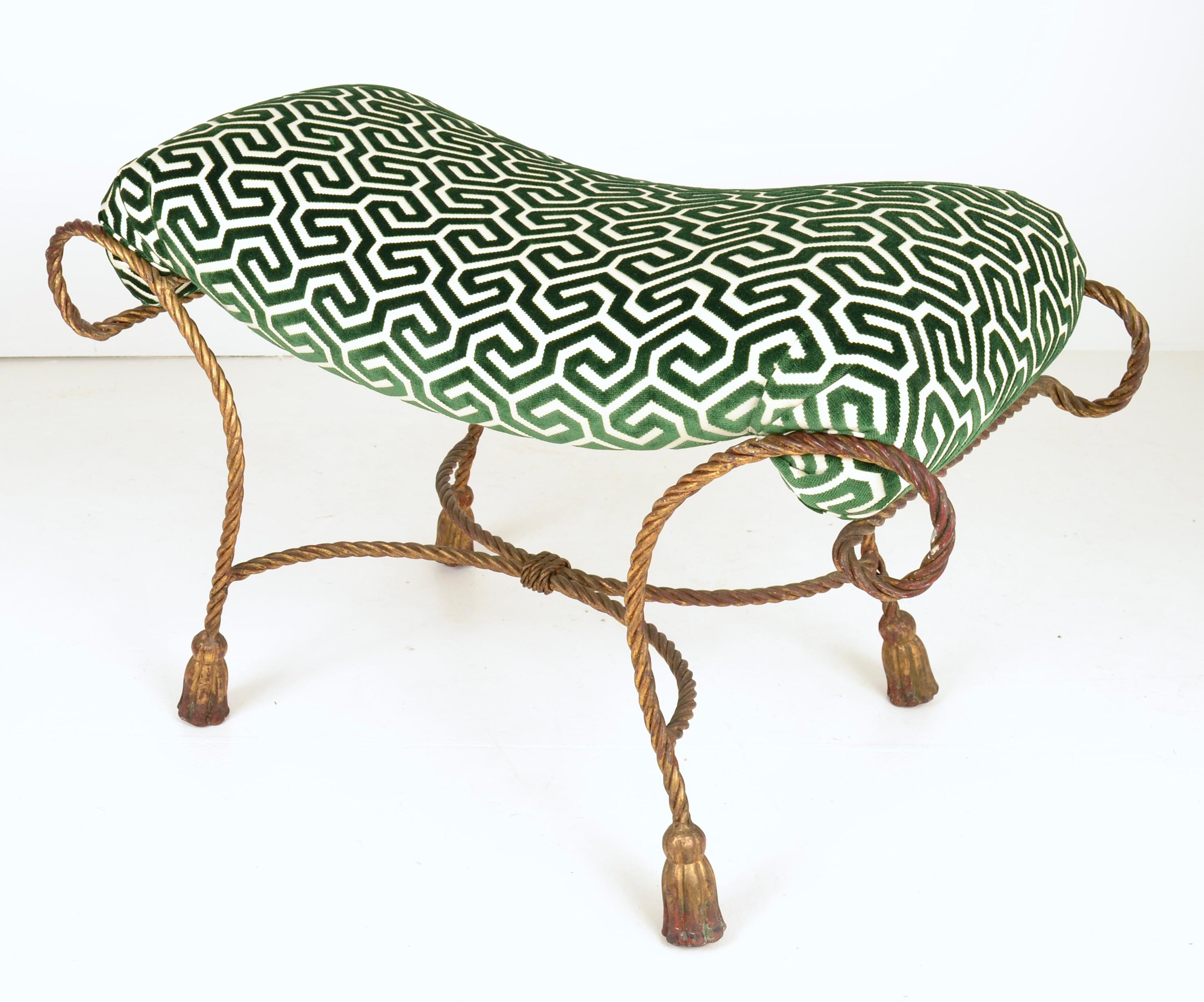 Gilt metal bench in classic rope style with tassel feet. Newly upholstered in cut green and cream cut velvet. Loads of charm!