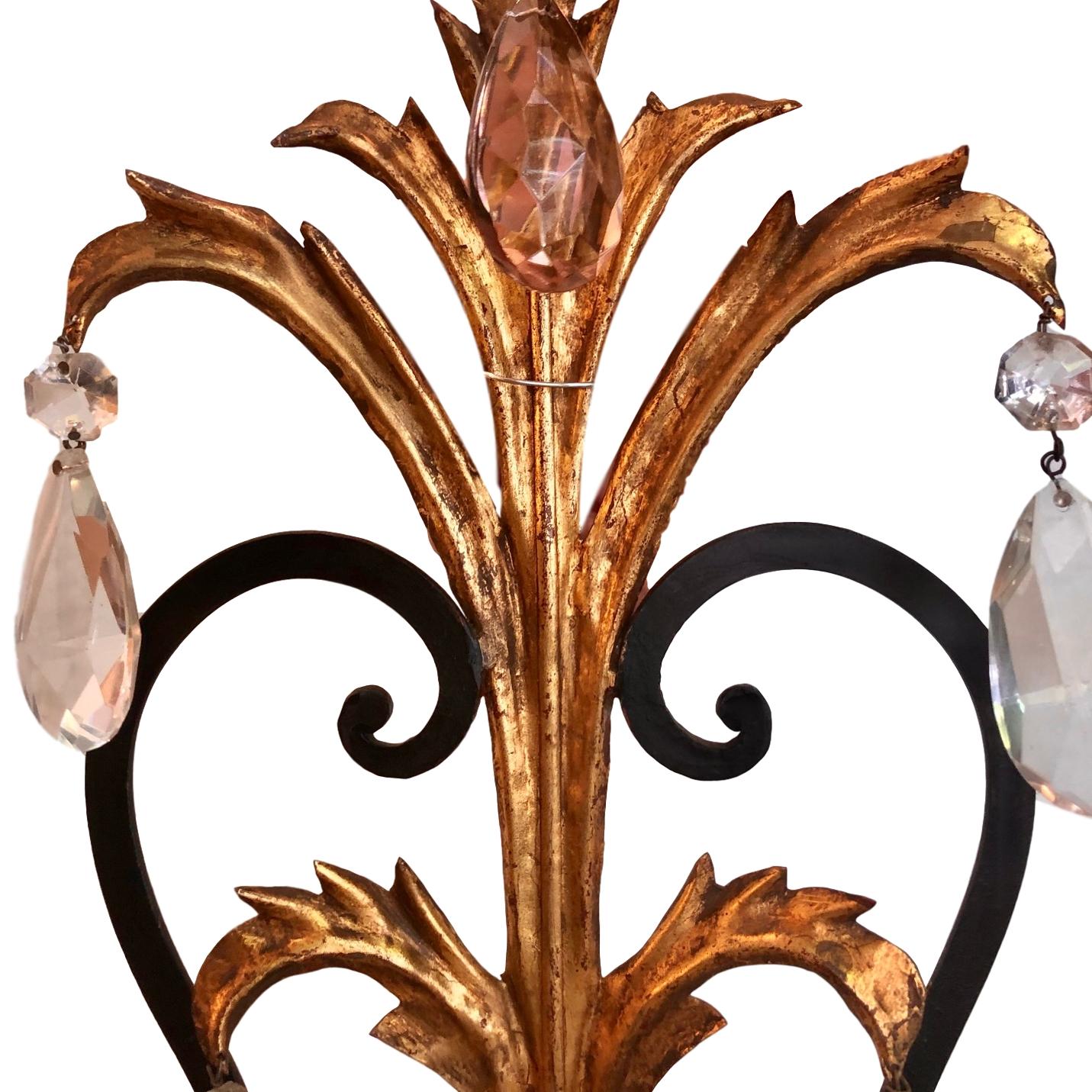 Gilt Metal Sconces with Amethyst Crystal Drops In Good Condition For Sale In New York, NY
