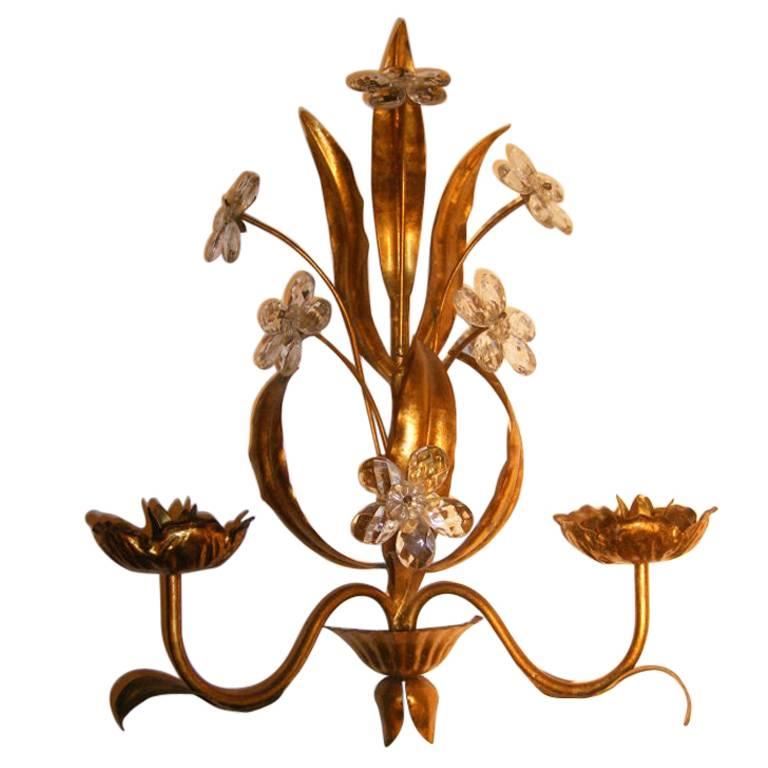 Pair of circa 1930s French gilt metal double light sconces with crystal flowers, with original patina.

Measurements:
Height 21.5?
Width 16?
Depth 6?