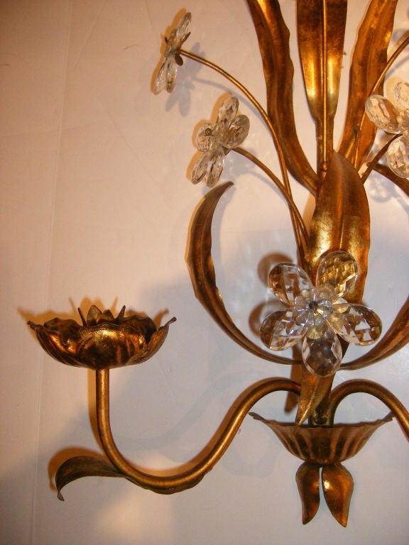 French Gilt Metal Sconces with Crystal Flowers For Sale