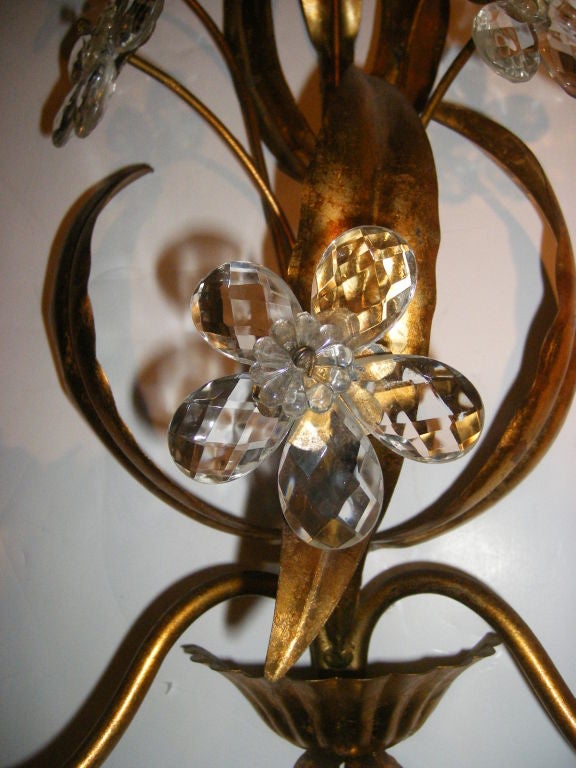 Gilt Metal Sconces with Crystal Flowers In Good Condition For Sale In New York, NY