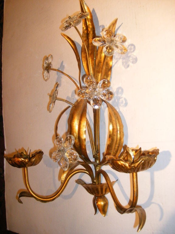 Mid-20th Century Gilt Metal Sconces with Crystal Flowers For Sale