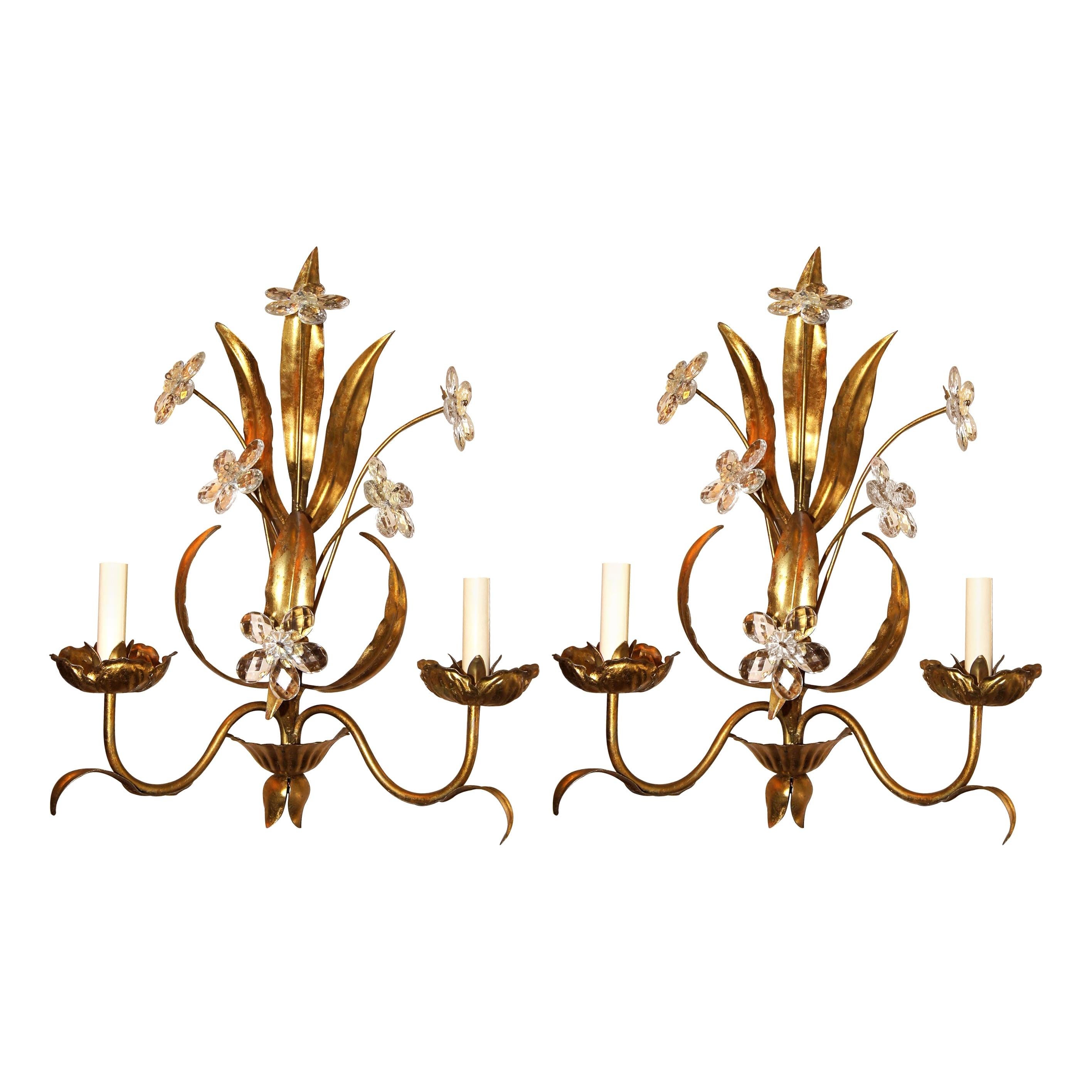 Gilt Metal Sconces with Crystal Flowers For Sale