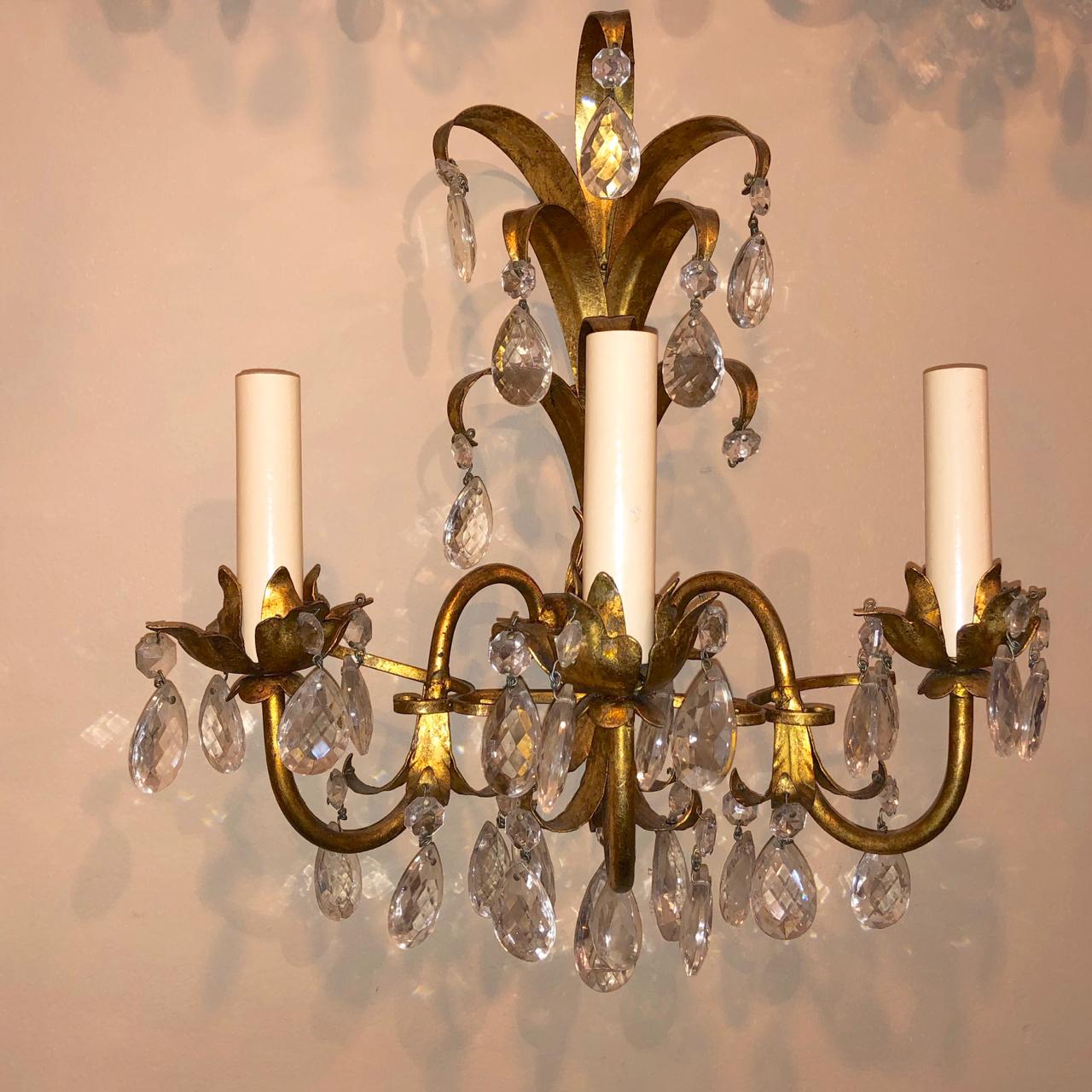 Italian Gilt Metal Sconces with Crystals For Sale