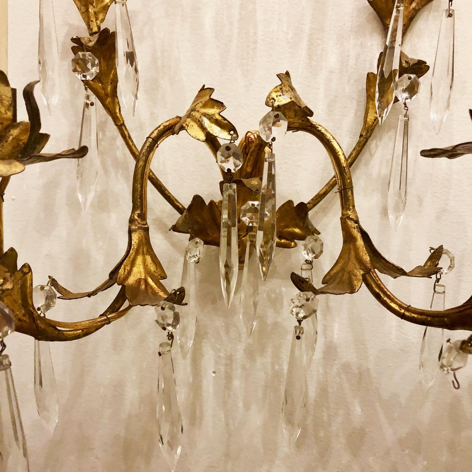 Gilt Metal Sconces with Crystals In Good Condition For Sale In New York, NY