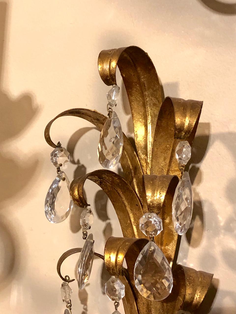 Mid-20th Century Gilt Metal Sconces with Crystals For Sale