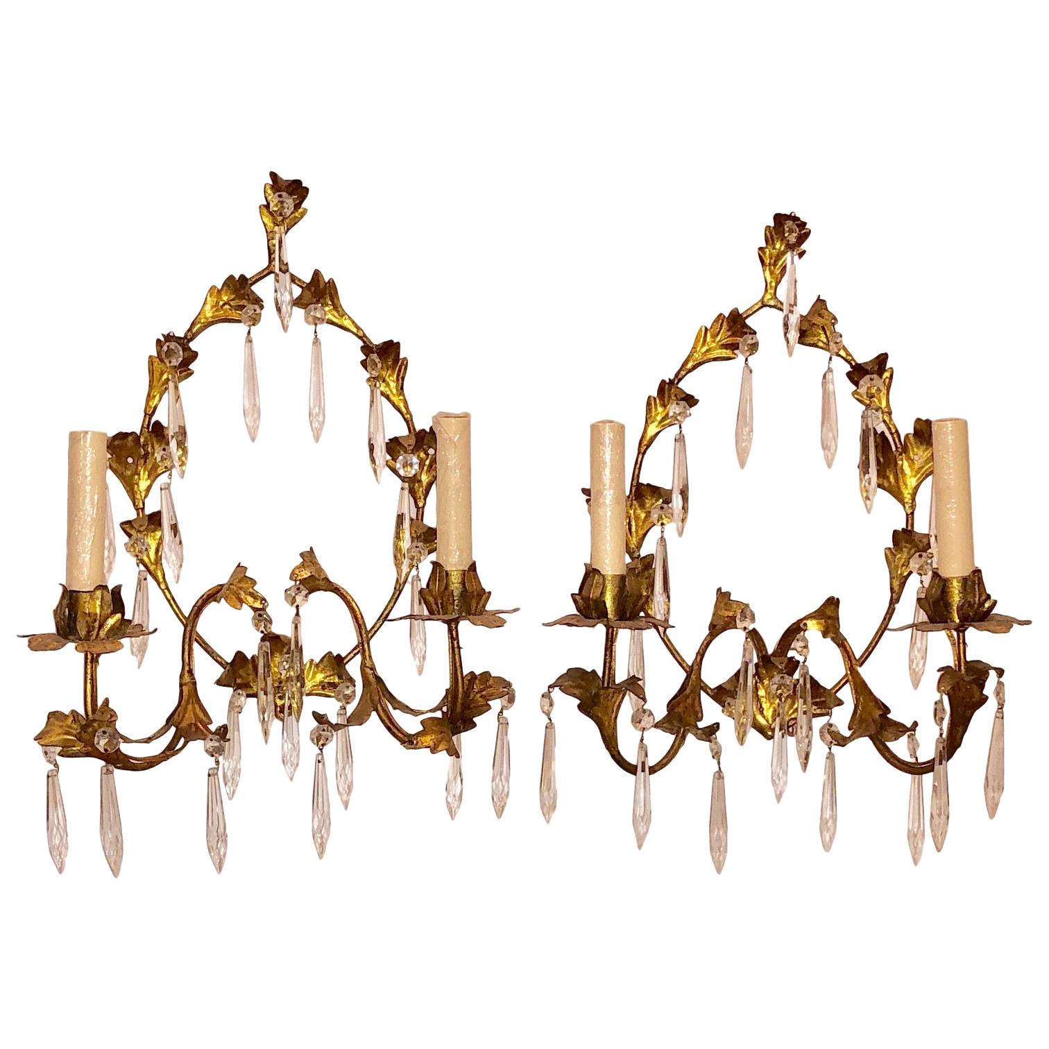 Gilt Metal Sconces with Crystals