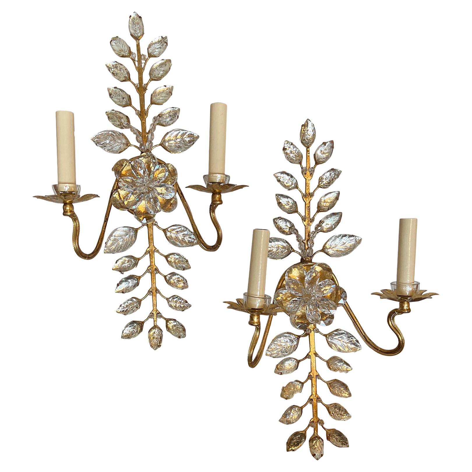 Set of Gilt Metal Sconces with Molded Glass Leaves. Sold in Pairs For Sale