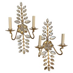 Vintage Set of Gilt Metal Sconces with Molded Glass Leaves. Sold in Pairs