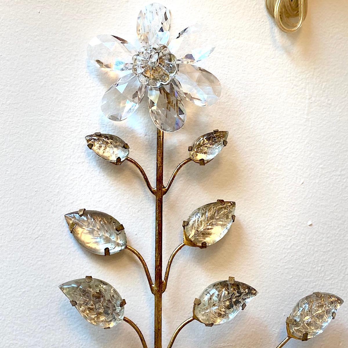 French Gilt Metal Sconces with Crystal Flowers For Sale