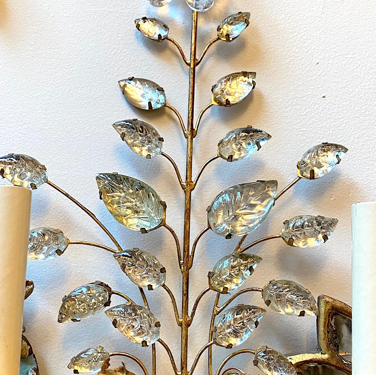Gilt Metal Sconces with Crystal Flowers In Good Condition For Sale In New York, NY