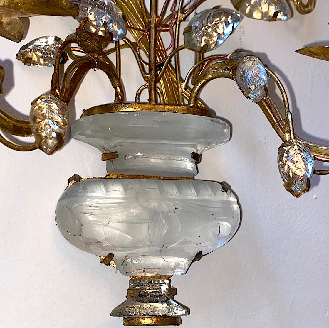 Mid-20th Century Gilt Metal Sconces with Crystal Flowers For Sale