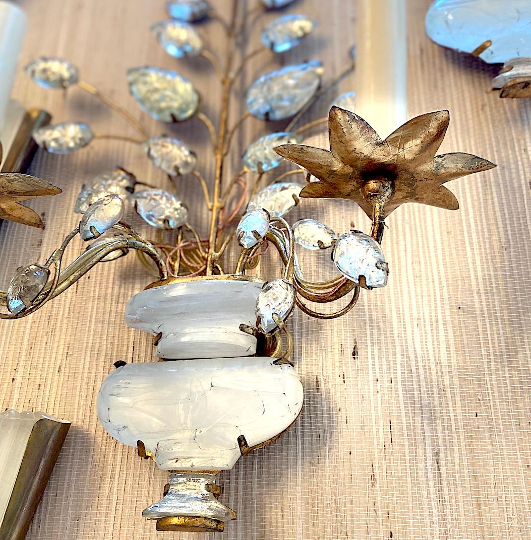 Bronze Gilt Metal Sconces with Crystal Flowers For Sale