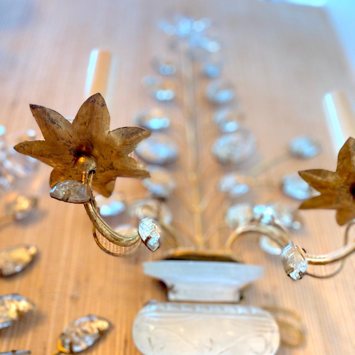 Gilt Metal Sconces with Crystal Flowers For Sale 1